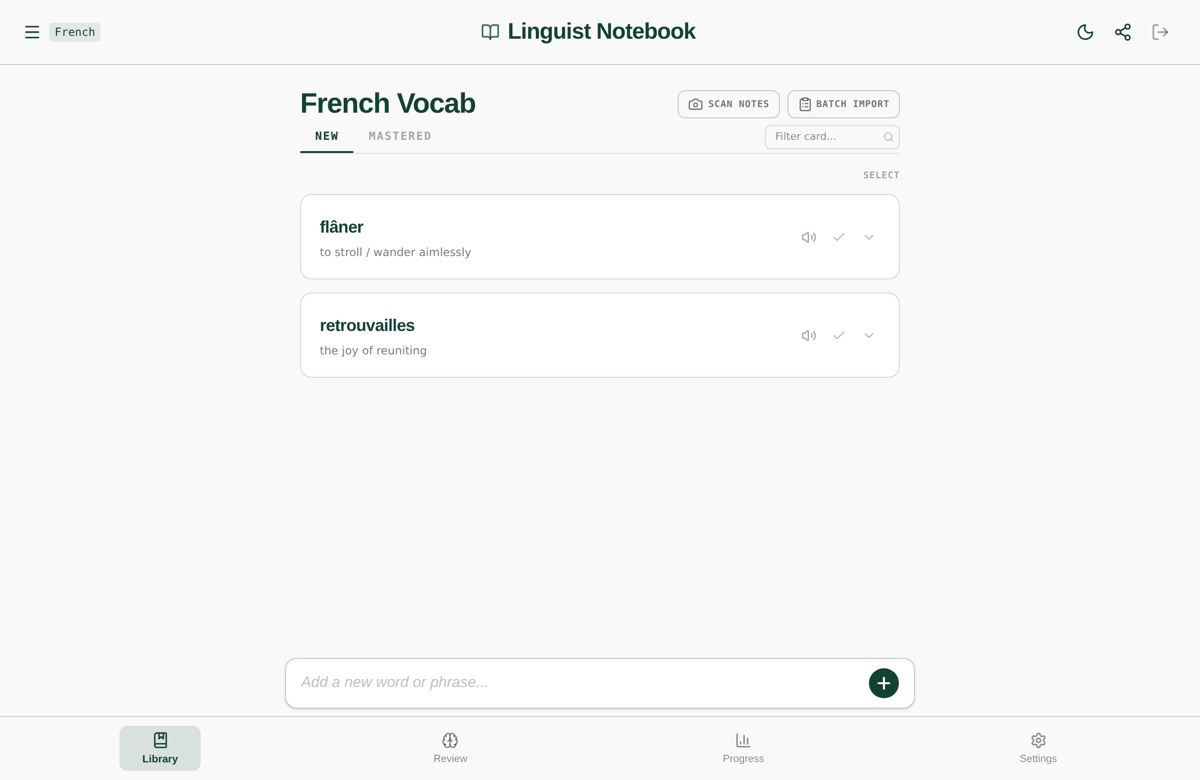 Linguist Notebook AI vocabulary journal library view