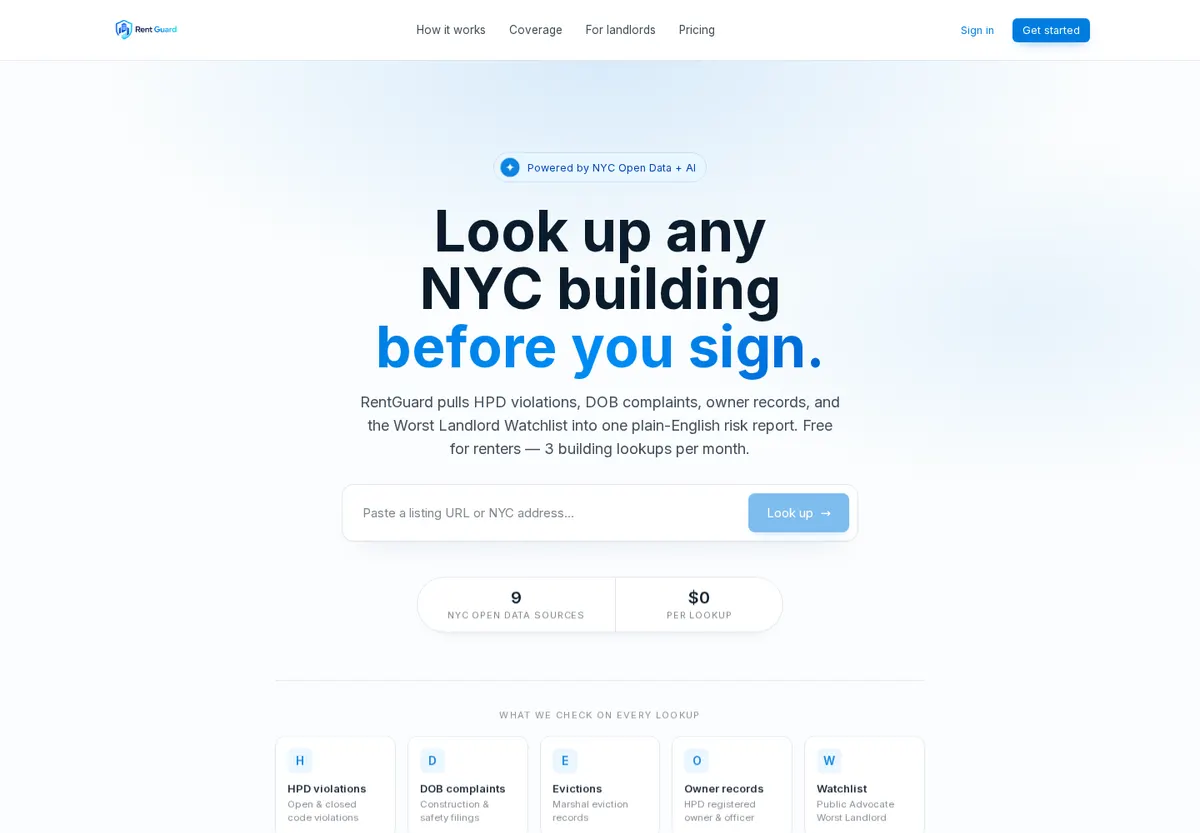 RentGuard NYC building lookup home page
